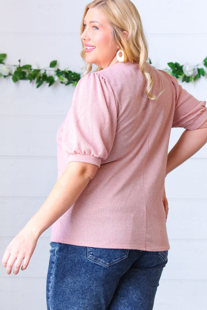 Baby Pink Puff Sleeve Two Tone Sweater Top - SharpDuds