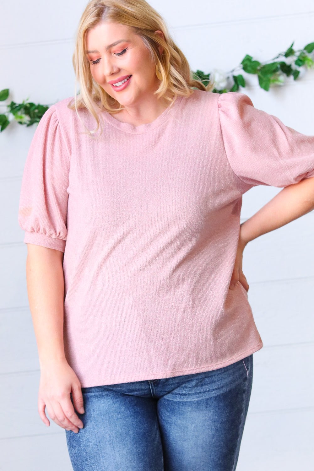 Baby Pink Puff Sleeve Two Tone Sweater Top - SharpDuds