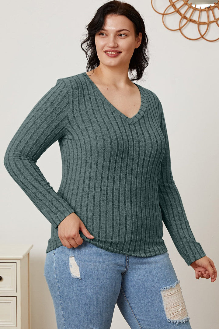 Basic Bae Full Size Ribbed V - Neck Long Sleeve T - Shirt - SharpDuds