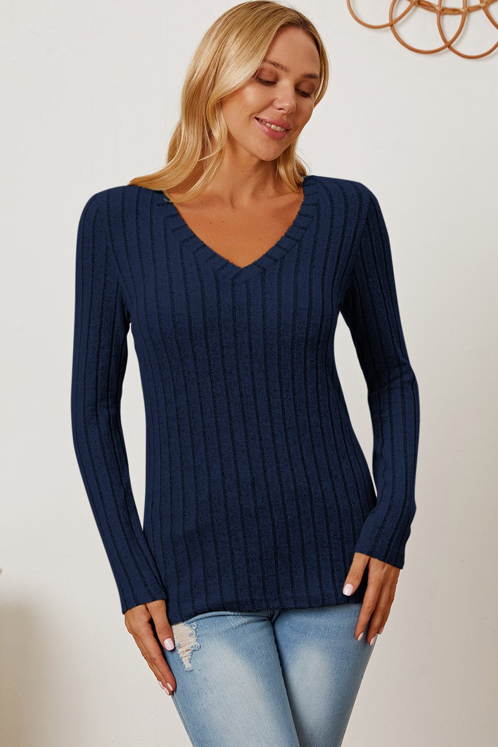 Basic Bae Full Size Ribbed V - Neck Long Sleeve T - Shirt - SharpDuds