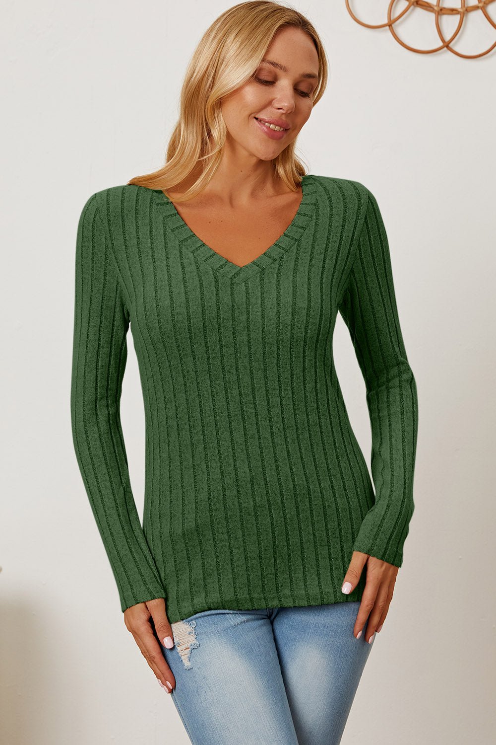 Basic Bae Full Size Ribbed V - Neck Long Sleeve T - Shirt - SharpDuds