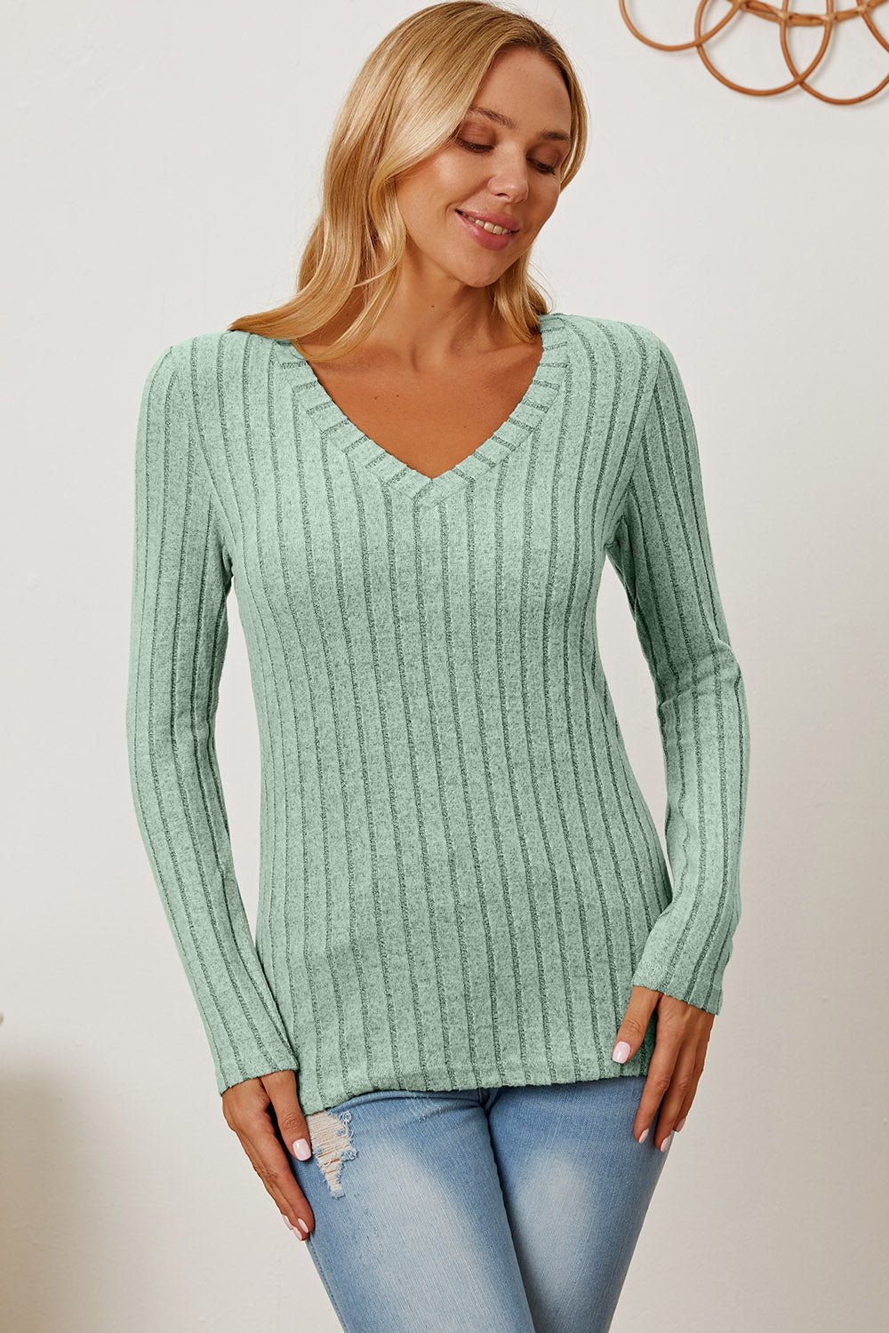 Basic Bae Full Size Ribbed V - Neck Long Sleeve T - Shirt - SharpDuds