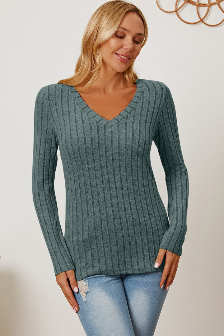 Basic Bae Full Size Ribbed V - Neck Long Sleeve T - Shirt - SharpDuds