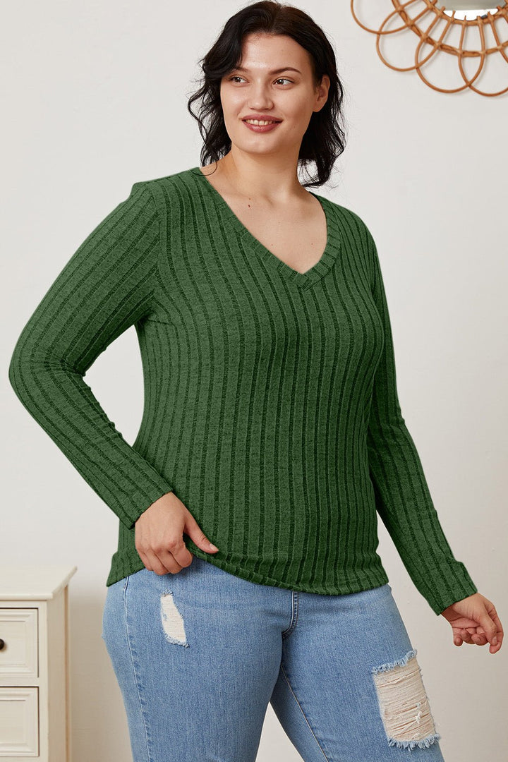 Basic Bae Full Size Ribbed V - Neck Long Sleeve T - Shirt - SharpDuds