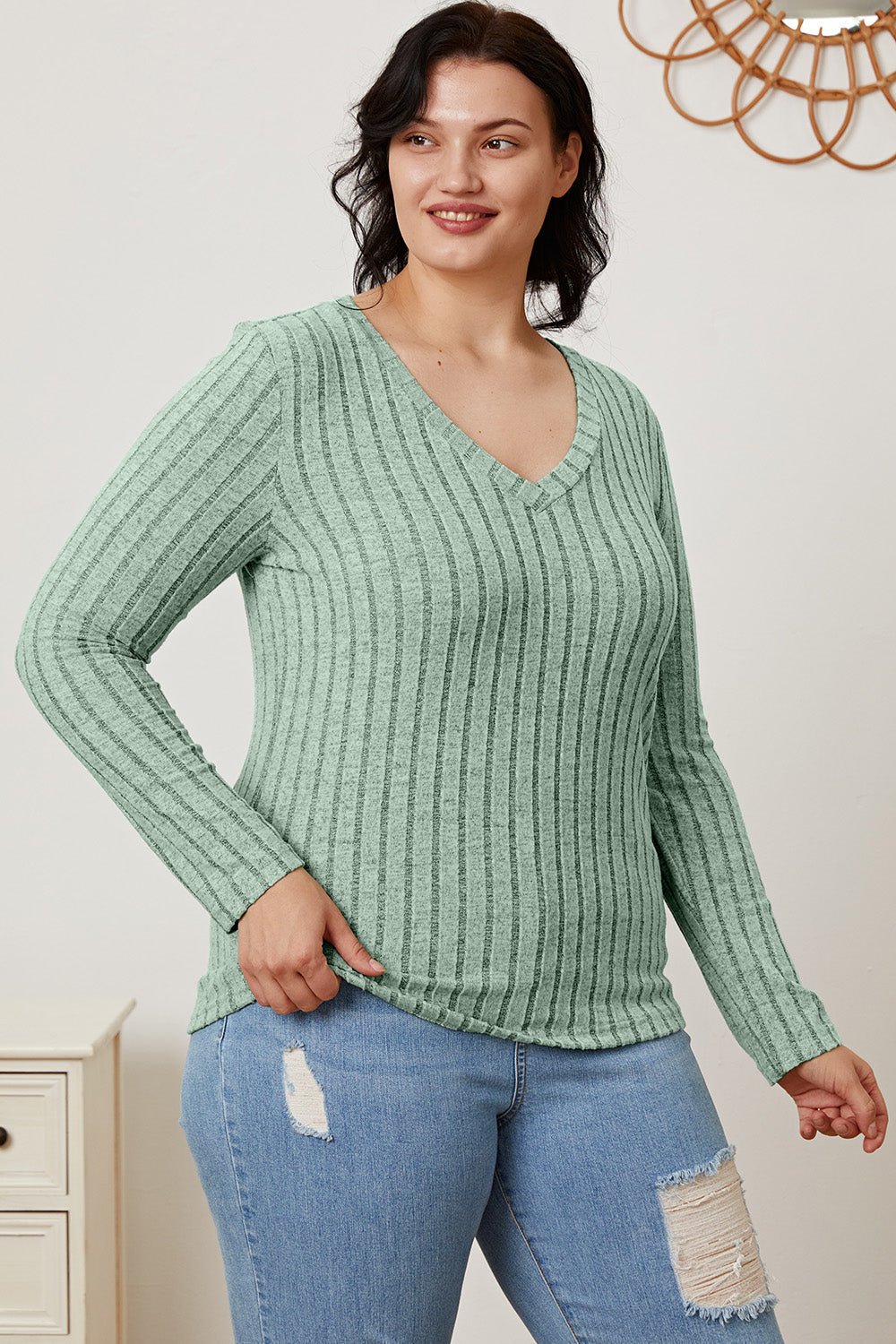 Basic Bae Full Size Ribbed V - Neck Long Sleeve T - Shirt - SharpDuds