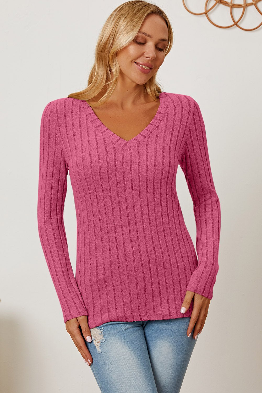 Basic Bae Full Size Ribbed V - Neck Long Sleeve T - Shirt - SharpDuds