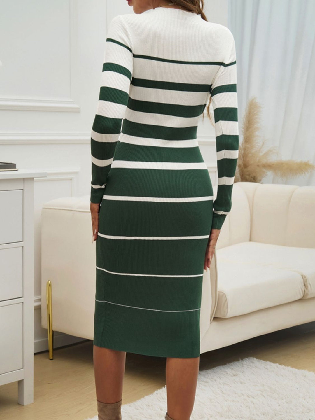 Block Round Neck Long Sleeve Midi Dress - SharpDuds