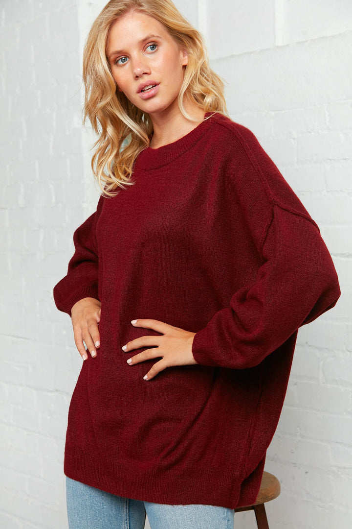 Burgundy Oversized Out Seam Knit Sweater Top