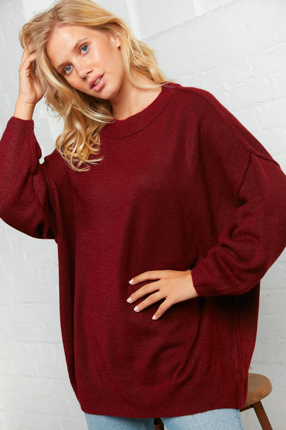 Burgundy Oversized Out Seam Knit Sweater Top