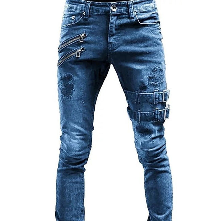 Blue Distressed Design Mid Waist Ripped Slim Jeans - SharpDuds.com