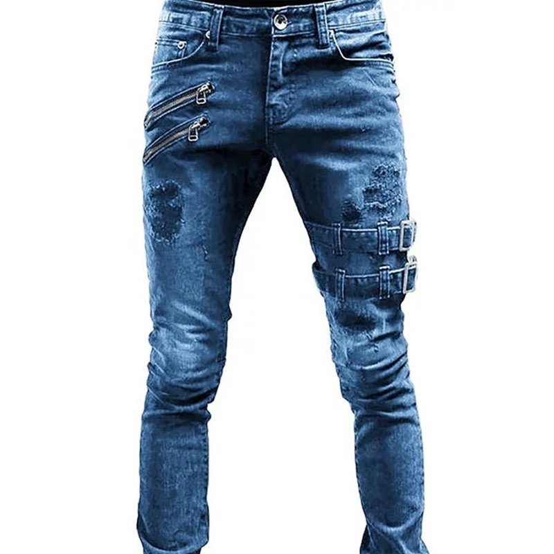 Blue Distressed Design Mid Waist Ripped Slim Jeans - SharpDuds.com