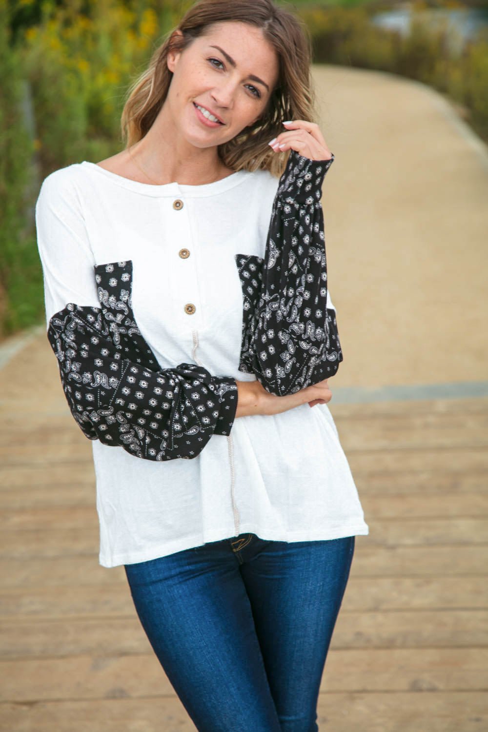 Boho Paisley Double Pocket Button Down Top - SharpDuds