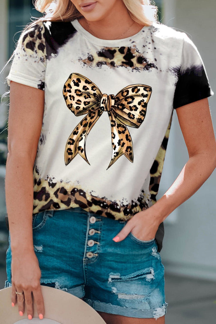 Bow Graphic Leopard Round Neck Short Sleeve T - Shirt - SharpDuds