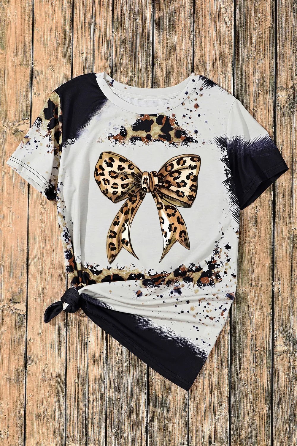 Bow Graphic Leopard Round Neck Short Sleeve T - Shirt - SharpDuds