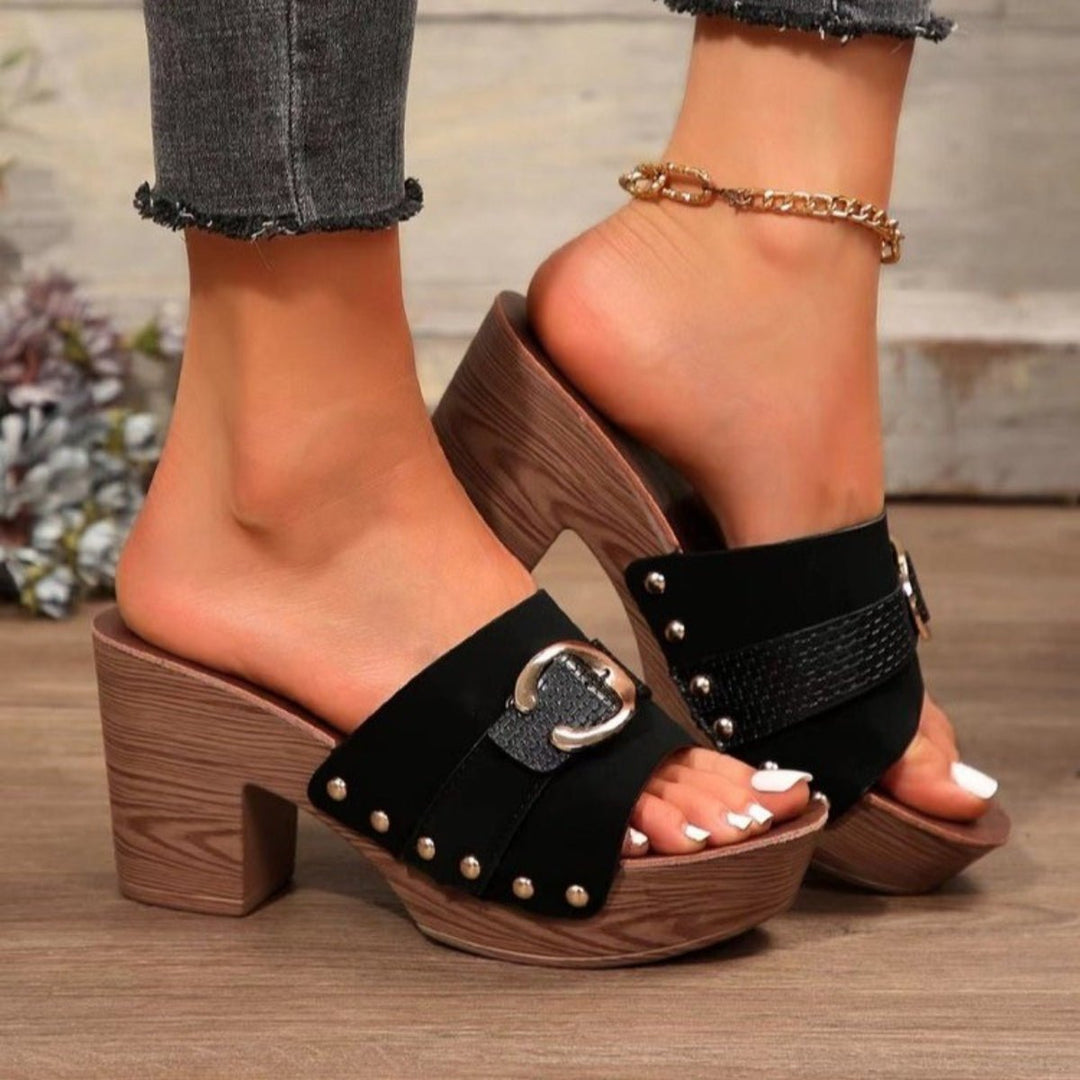 Buckle Trim Block Heel Sandals - SharpDuds