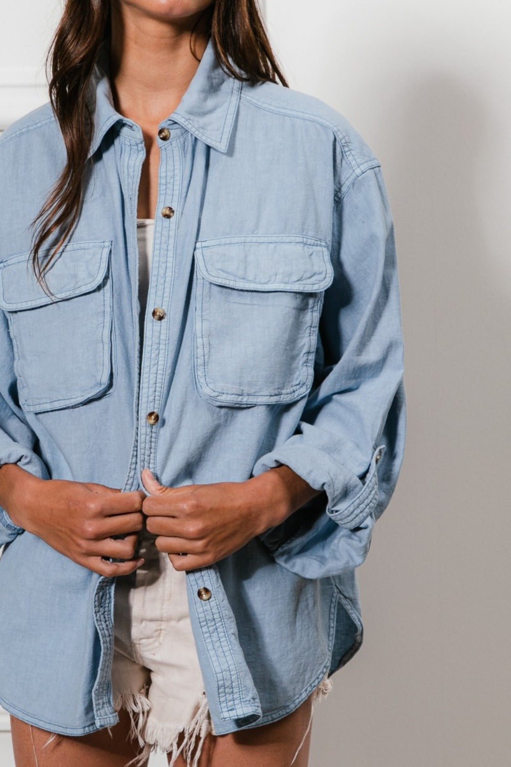 Button Down Stitch Detail Shirt with Chest Pockets - SharpDuds