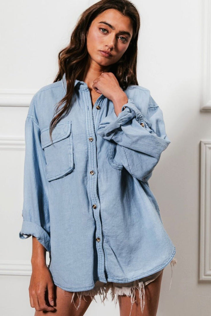 Button Down Stitch Detail Shirt with Chest Pockets - SharpDuds