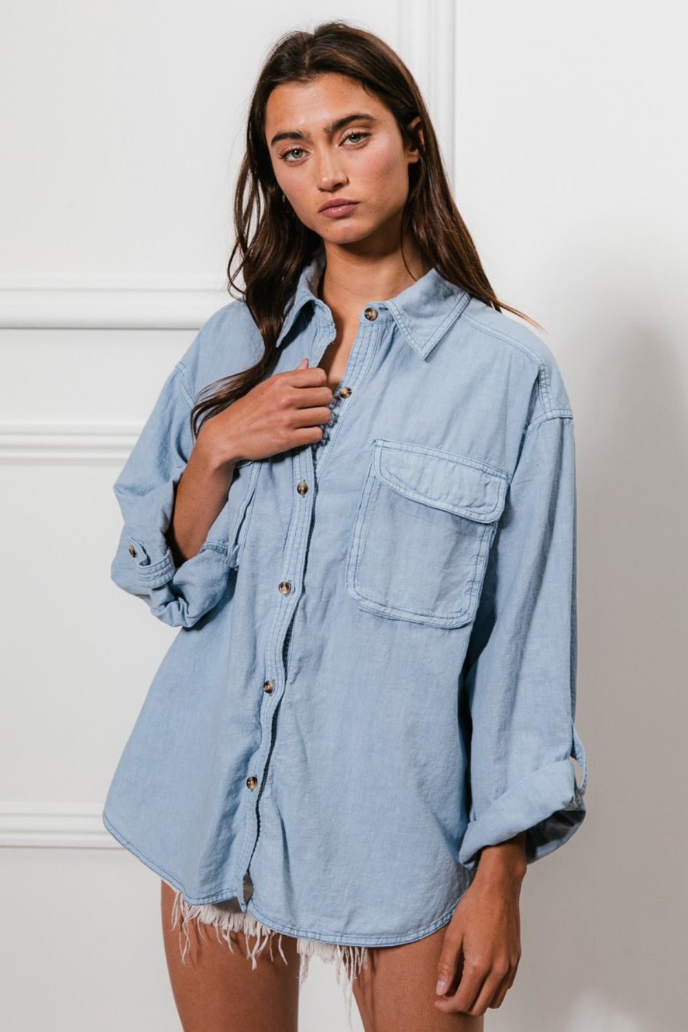 Button Down Stitch Detail Shirt with Chest Pockets - SharpDuds