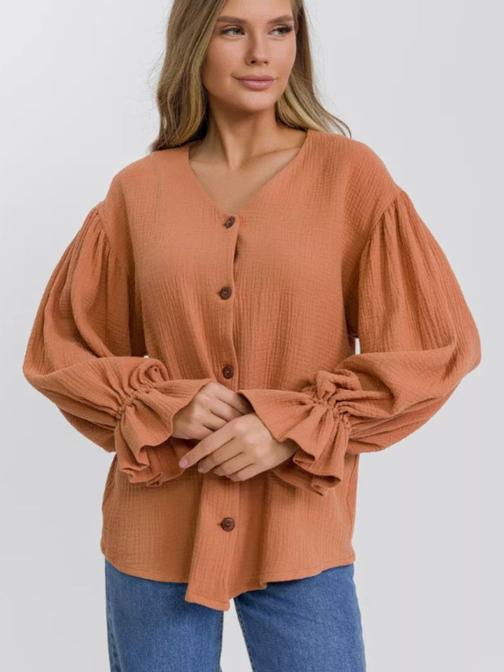 Button Up Flounce Sleeve Shirt - SharpDuds