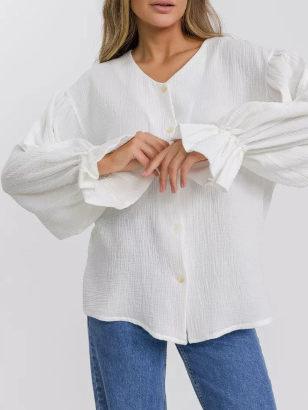 Button Up Flounce Sleeve Shirt - SharpDuds