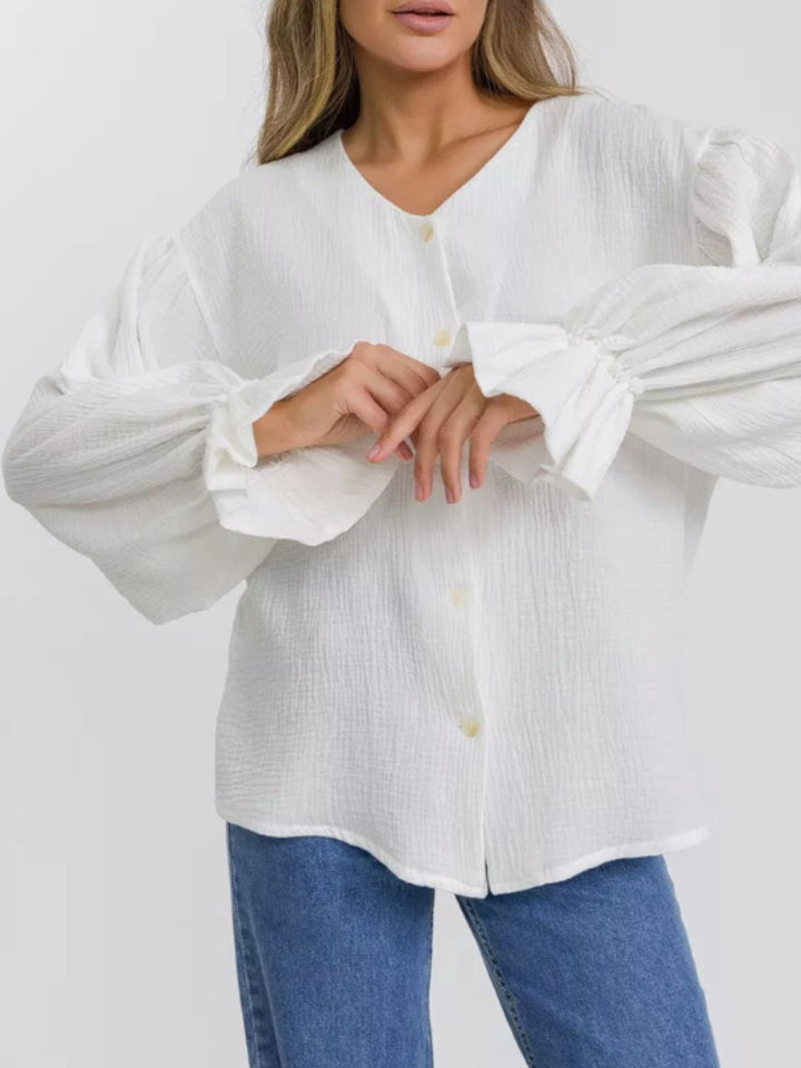 Button Up Flounce Sleeve Shirt - SharpDuds