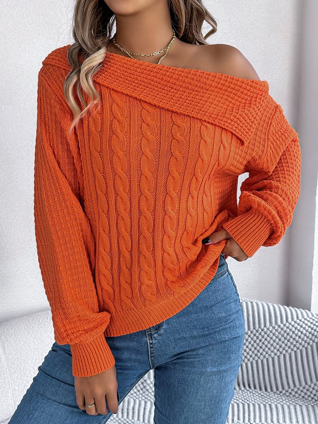 Cable - Knit One Shoulder Long Sleeve Sweater - SharpDuds