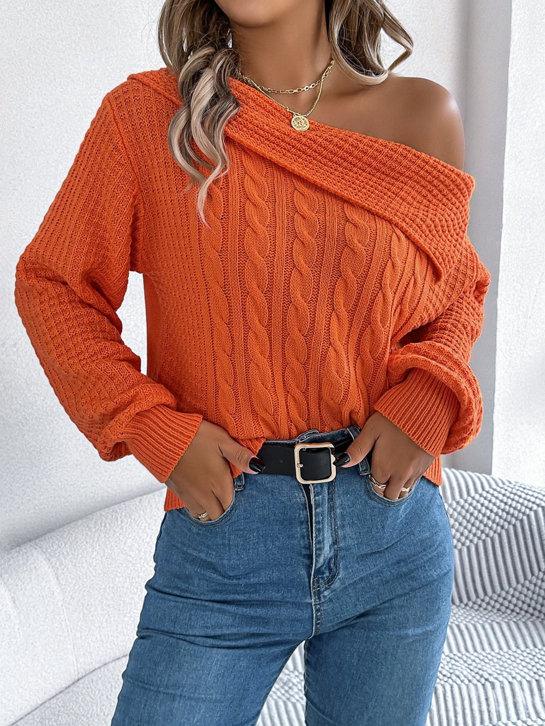 Cable - Knit One Shoulder Long Sleeve Sweater - SharpDuds