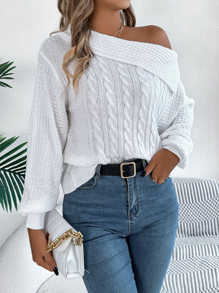 Cable - Knit One Shoulder Long Sleeve Sweater - SharpDuds