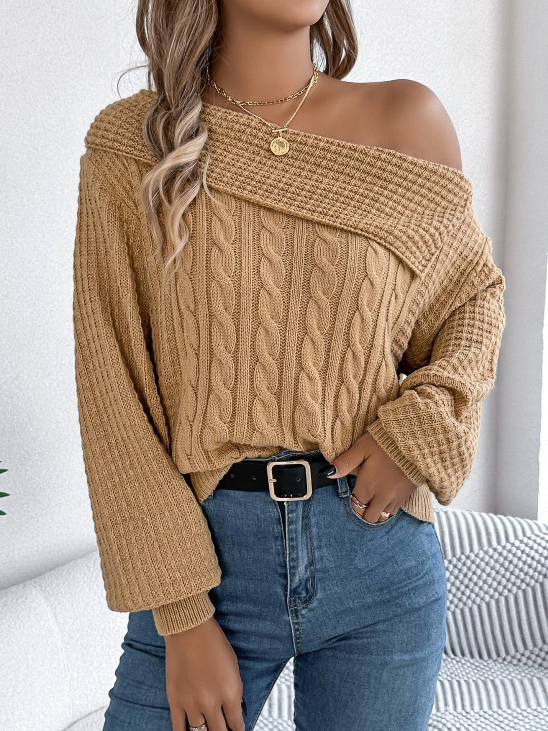 Cable - Knit One Shoulder Long Sleeve Sweater - SharpDuds