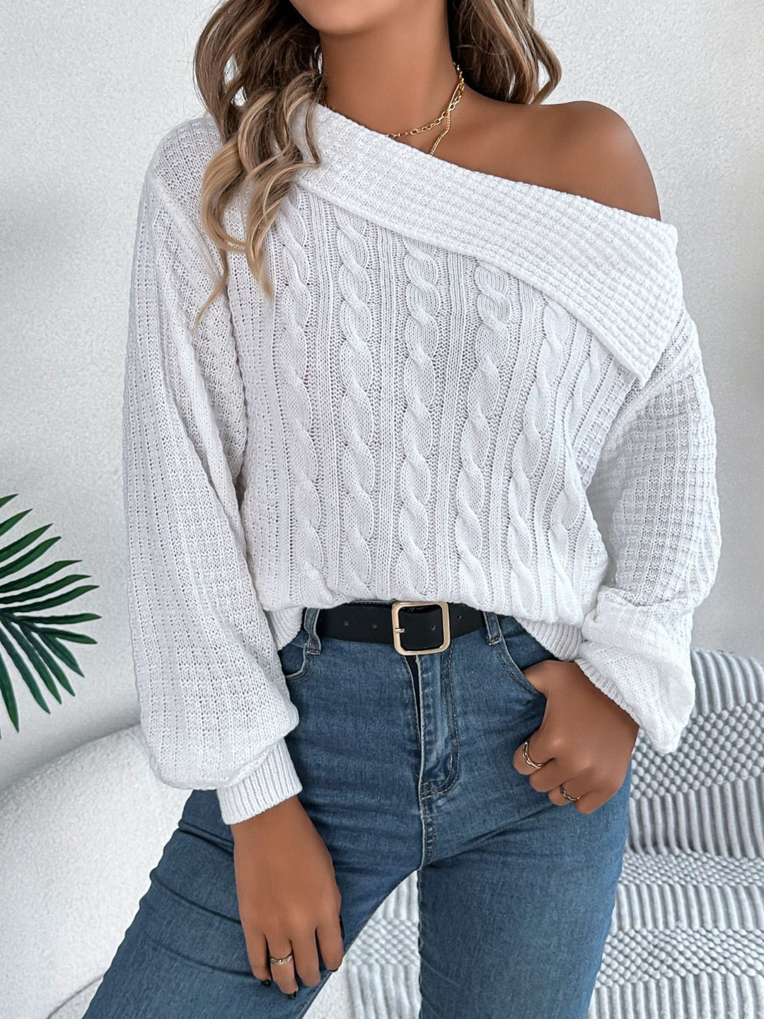 Cable - Knit One Shoulder Long Sleeve Sweater - SharpDuds