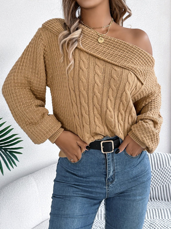 Cable - Knit One Shoulder Long Sleeve Sweater - SharpDuds