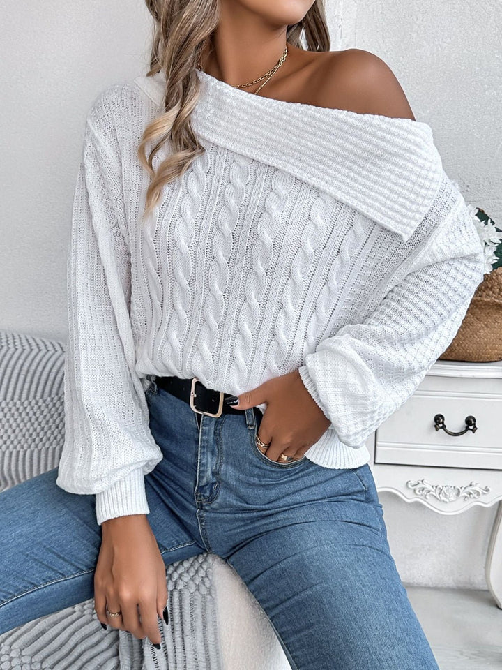 Cable - Knit One Shoulder Long Sleeve Sweater - SharpDuds