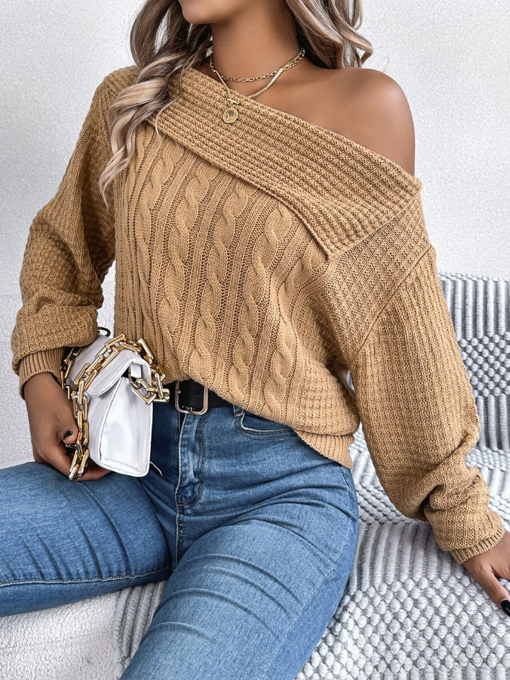 Cable - Knit One Shoulder Long Sleeve Sweater - SharpDuds