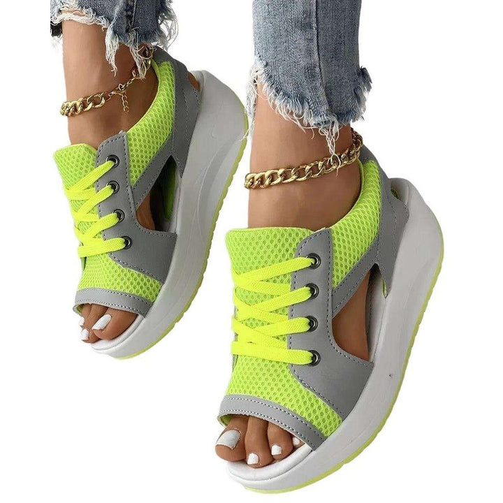 Casual Flat Peep Toe Contrast Paneled Cutout Lace-up Muffin Sandals - www.SharpDuds.com