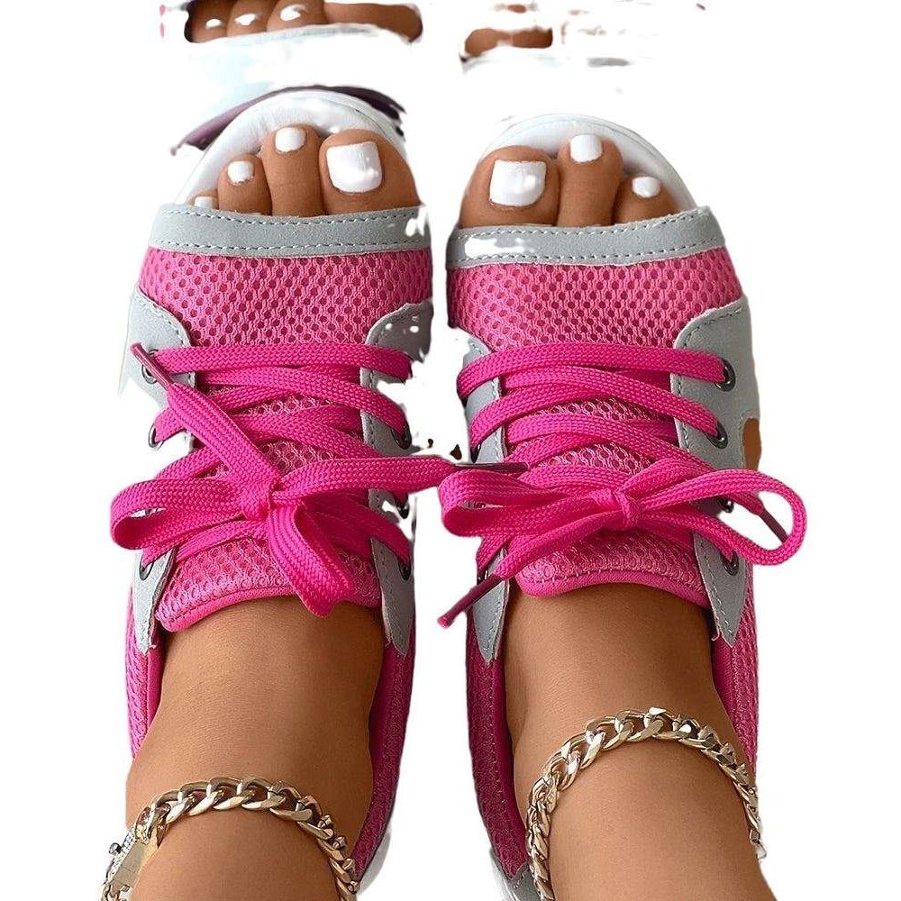 Casual Flat Peep Toe Contrast Paneled Cutout Lace-up Muffin Sandals - www.SharpDuds.com