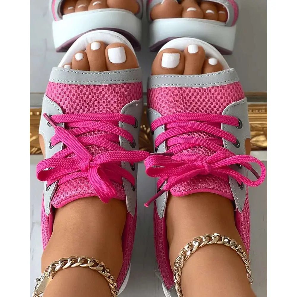 Casual Flat Peep Toe Contrast Paneled Cutout Lace-up Muffin Sandals - www.SharpDuds.com