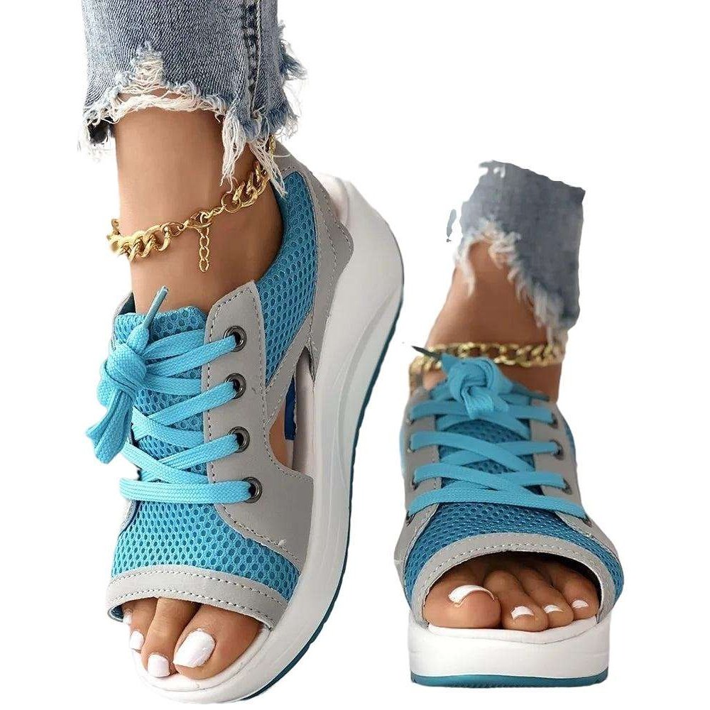 Casual Flat Peep Toe Contrast Paneled Cutout Lace-up Muffin Sandals - www.SharpDuds.com