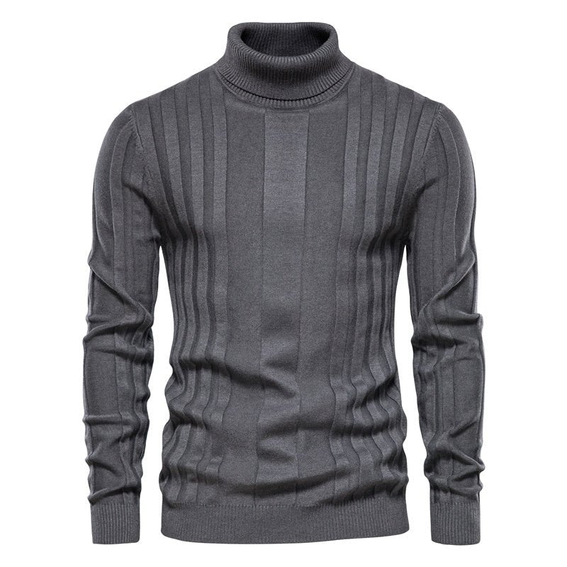 Casual High-neck Solid Color Warm Striped Sweater - SharpDuds.com