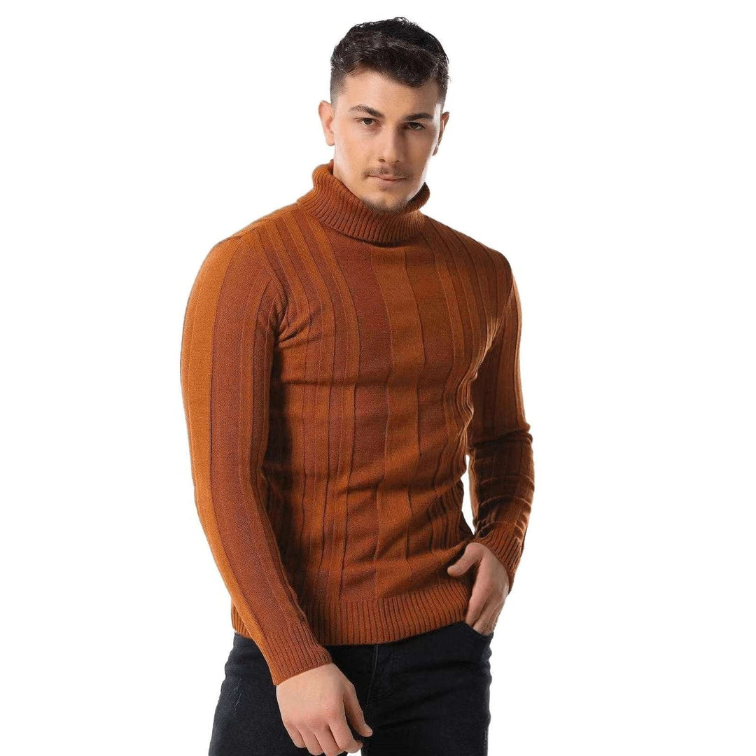 Casual High-neck Solid Color Warm Striped Sweater - www.SharpDuds.com