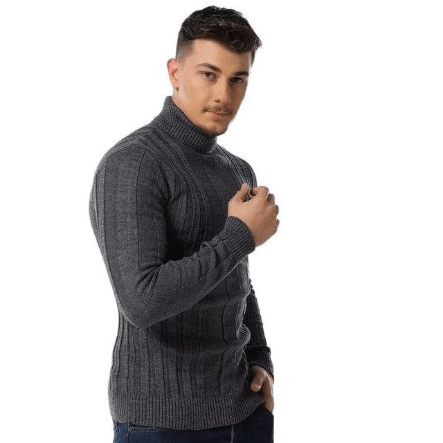 Casual High-neck Solid Color Warm Striped Sweater - SharpDuds.com