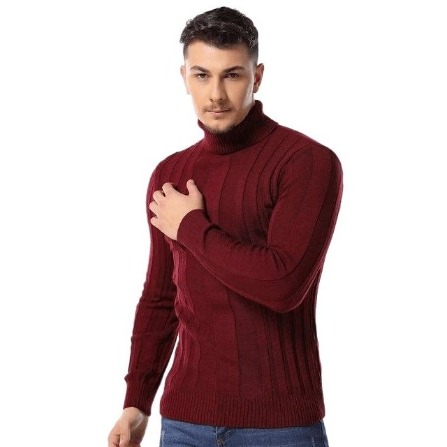 Casual High-neck Solid Color Warm Striped Sweater - SharpDuds.com