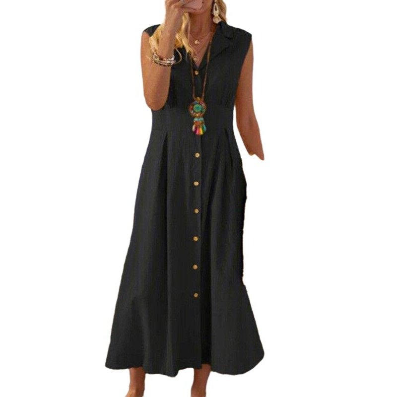 Casual Lapel Collar Sleeveless Cotton And Linen Mid-length Dress - SharpDuds.com