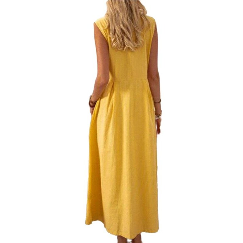 Casual Lapel Collar Sleeveless Cotton And Linen Mid-length Dress - SharpDuds.com