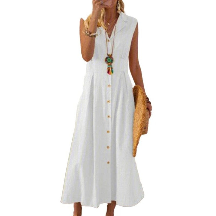 Casual Lapel Collar Sleeveless Cotton And Linen Mid-length Dress - SharpDuds.com