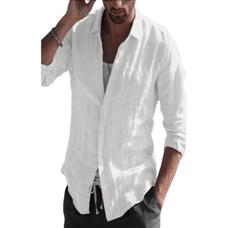 Casual White Linen Long Sleeve Cotton Shirt - SharpDuds.com