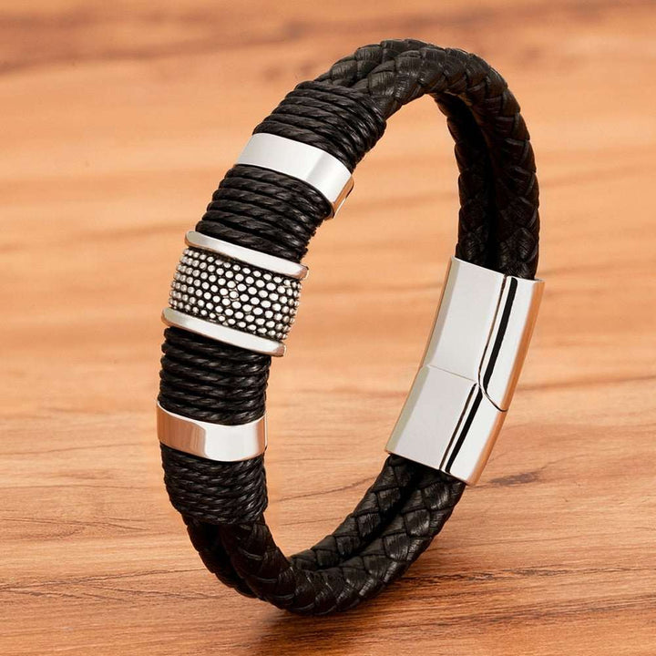 Classic Stainless Steel Woven Leather Rope Wrap Bracelet - www.SharpDuds.com