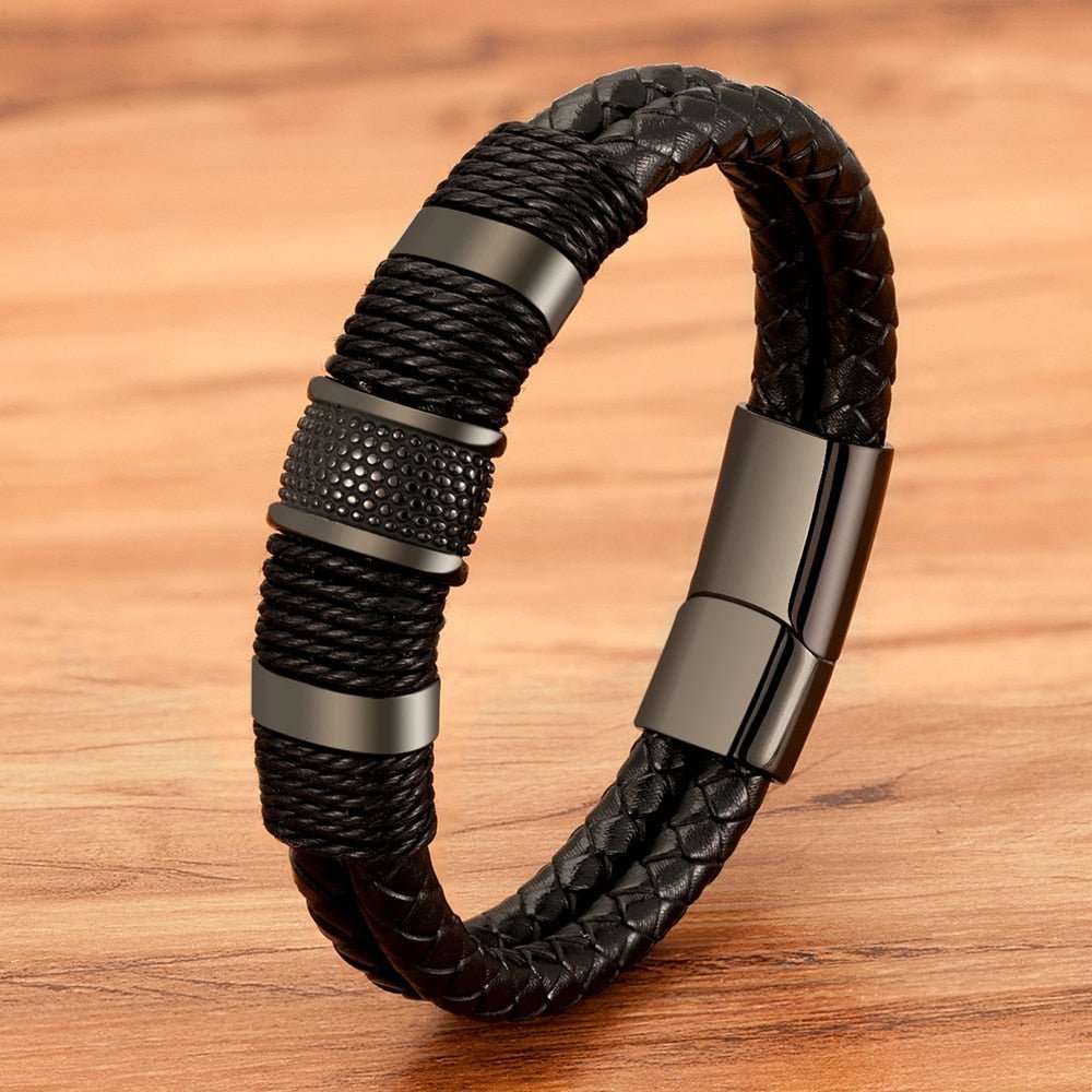 Classic Stainless Steel Woven Leather Rope Wrap Bracelet - www.SharpDuds.com