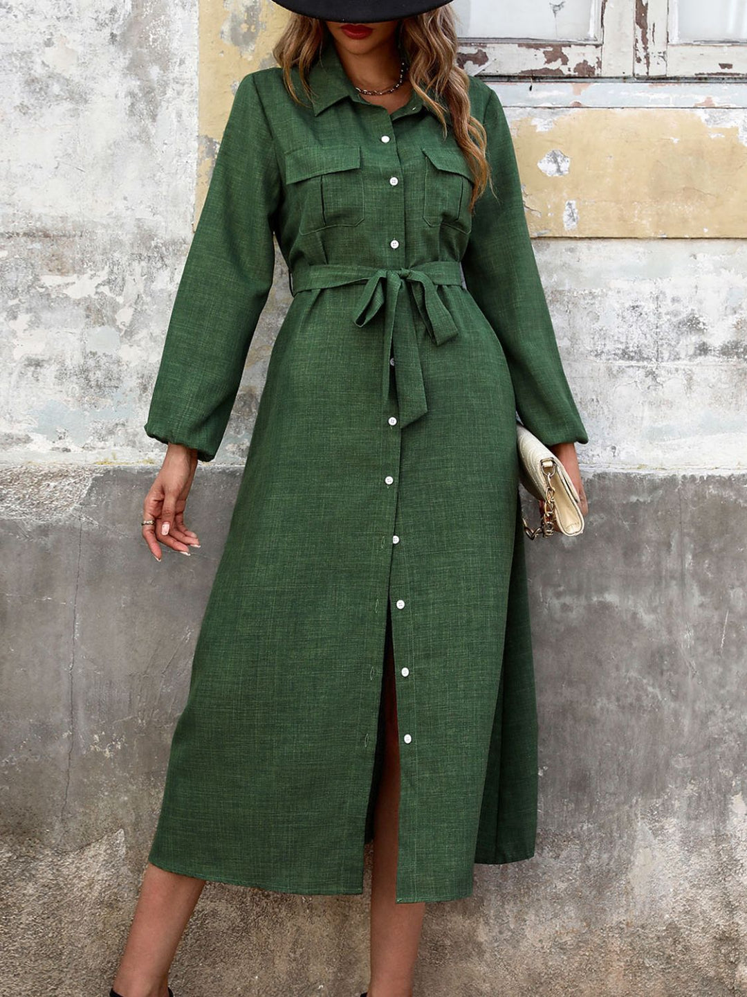 Collared Neck Long Sleeve Midi Shirt Dress - SharpDuds