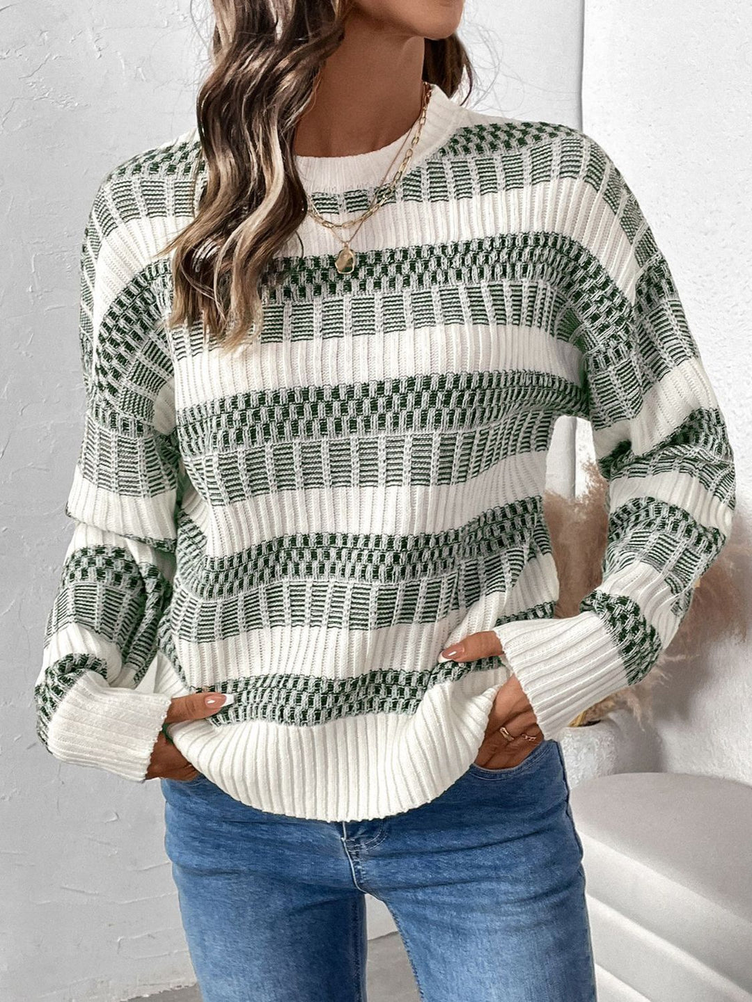 Contrast Round Neck Long Sleeve Sweater - SharpDuds