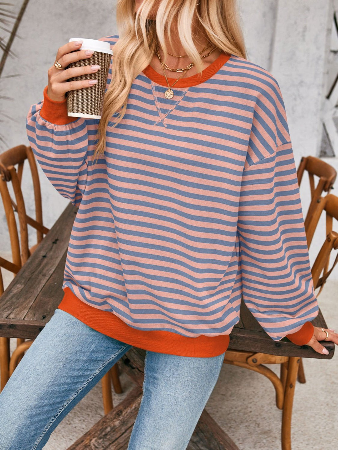 Contrast Striped Long Sleeve Sweatshirt - SharpDuds